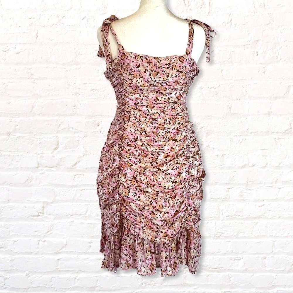 Minkpink Delphine Little Darling Cream and Pink Floral Ruched Mini Dress Large - Picture 5 of 14